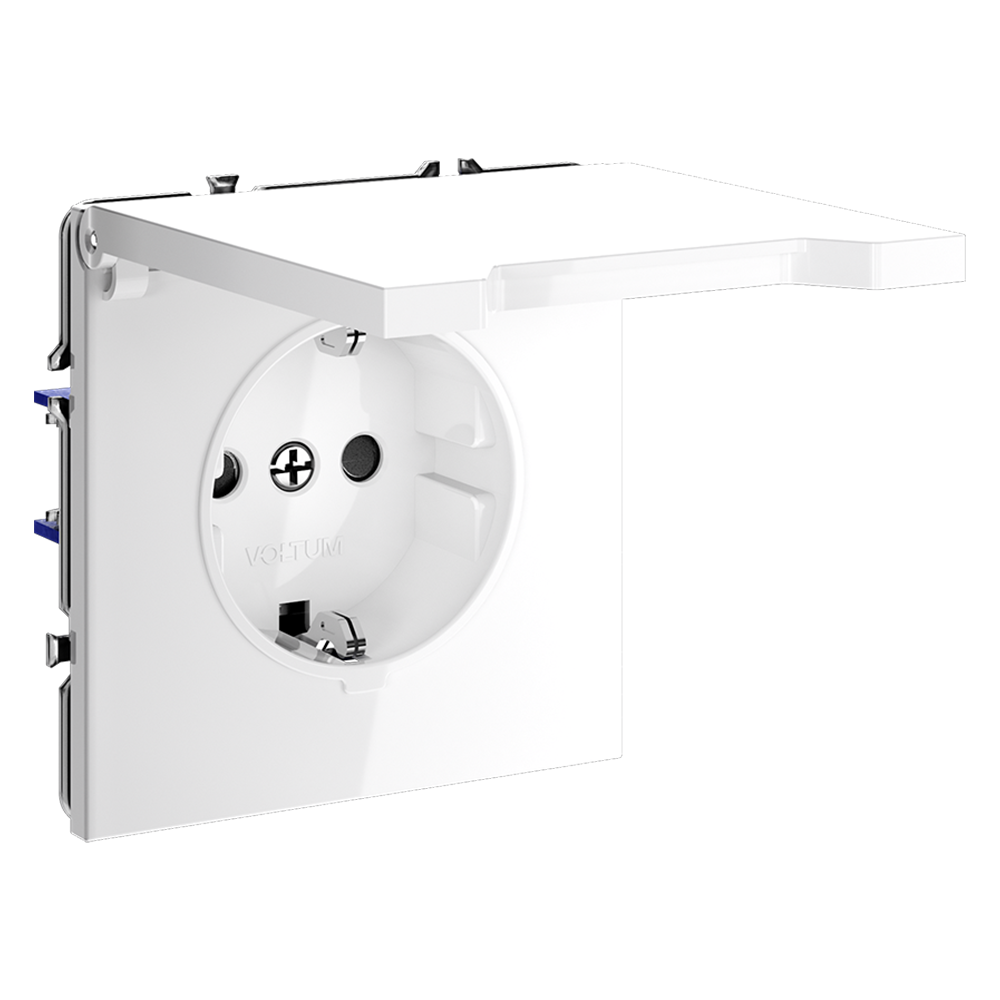 Розетка встраиваемая Voltum S70 с заземлением, защитными шторками и крышкой Белый глянцевый VLS040301