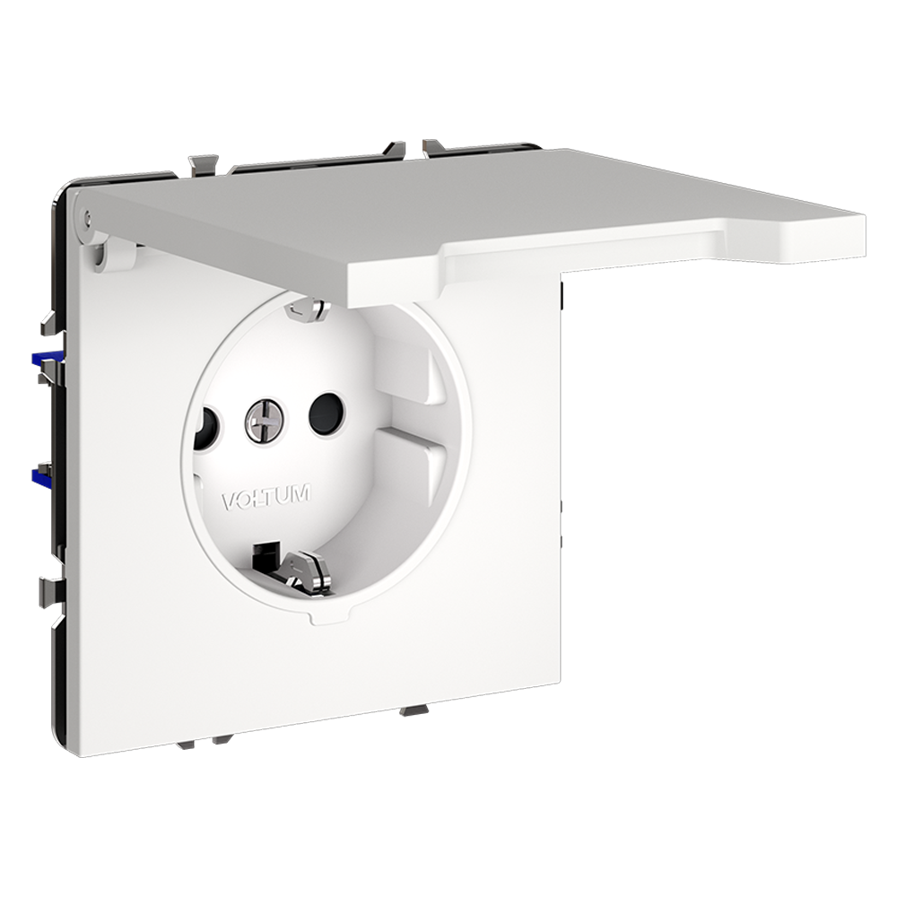 Розетка встраиваемая Voltum S70 с заземлением, защитными шторками и крышкой Белый матовый VLS040302