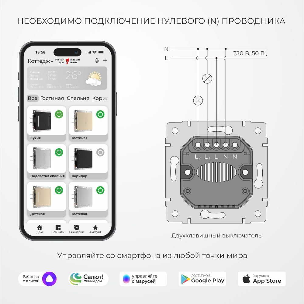 Выключатель двухклавишный встраиваемый сенсорный Werkel с Wifi Белый W4523001 — изображение 3