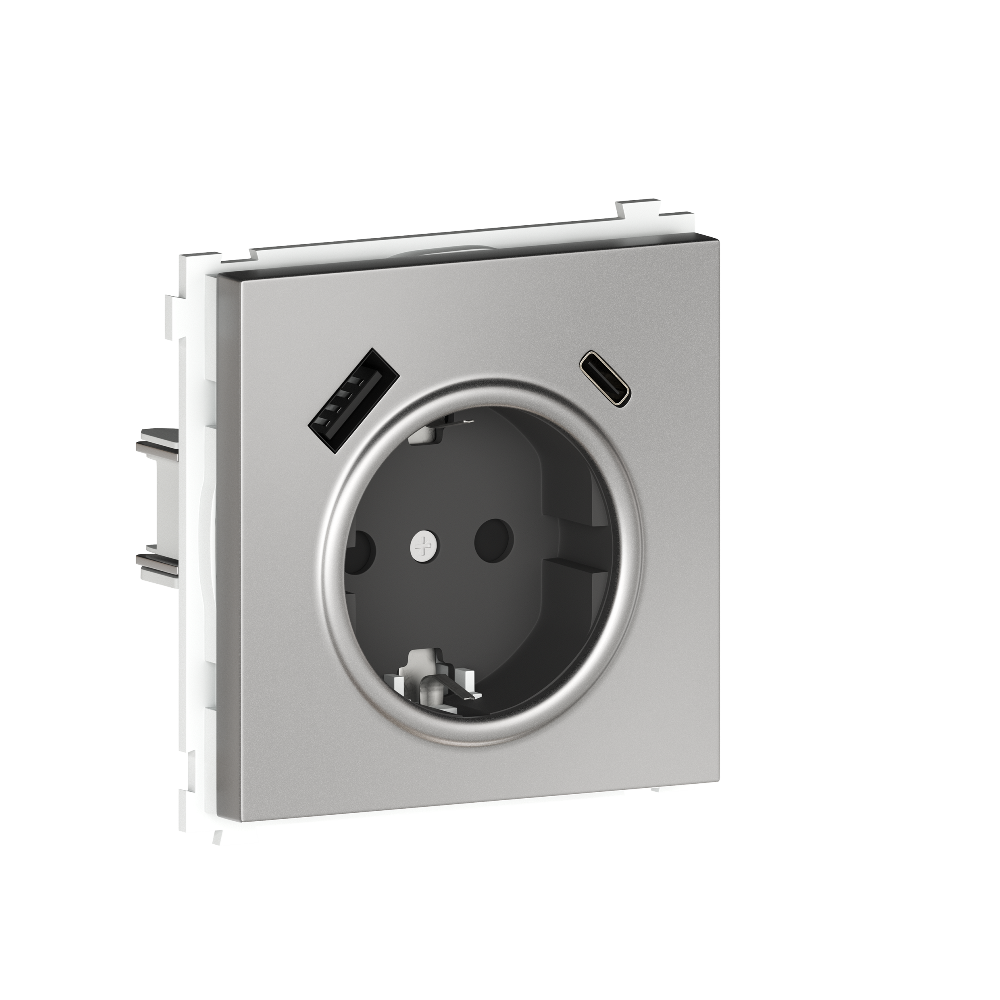 Розетка встраиваемая Donel R98 Metal с заземлением, шторками и USB тип A+C Благородная сталь DA15500-DA222ES