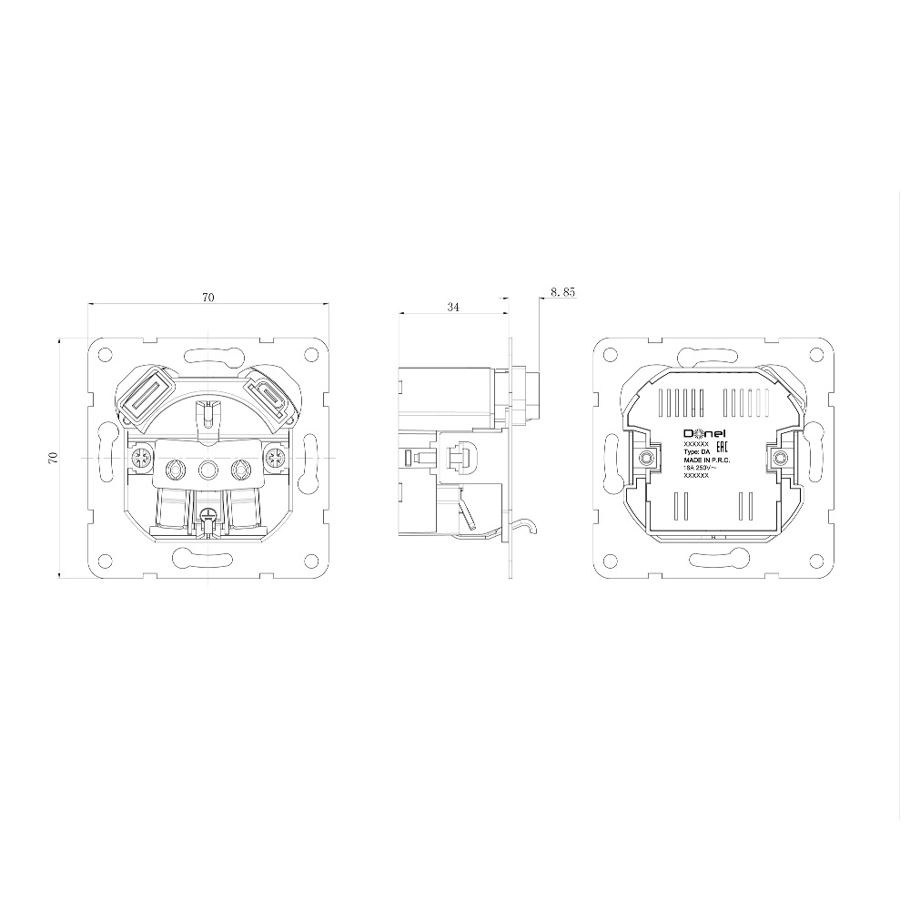 Розетка встраиваемая Donel R98 Metal с заземлением, шторками и USB тип A+C Благородная сталь DA15500-DA222ES — изображение 6