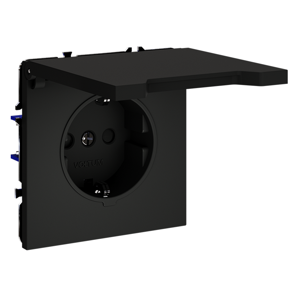 Розетка встраиваемая Voltum S70 с заземлением, защитными шторками и крышкой Черный матовый VLS040308