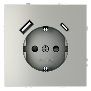 Розетка встраиваемая Voltum S70 с заземлением, шторками и USB A+C Сталь VLS040505
